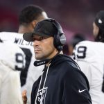 Aug 23, 2025; Glendale, Arizona, USA; Las Vegas Raiders defensive line coach Rob Leonard against the Arizona Cardinals during a preseason NFL game at State Farm Stadium. Mandatory Credit: