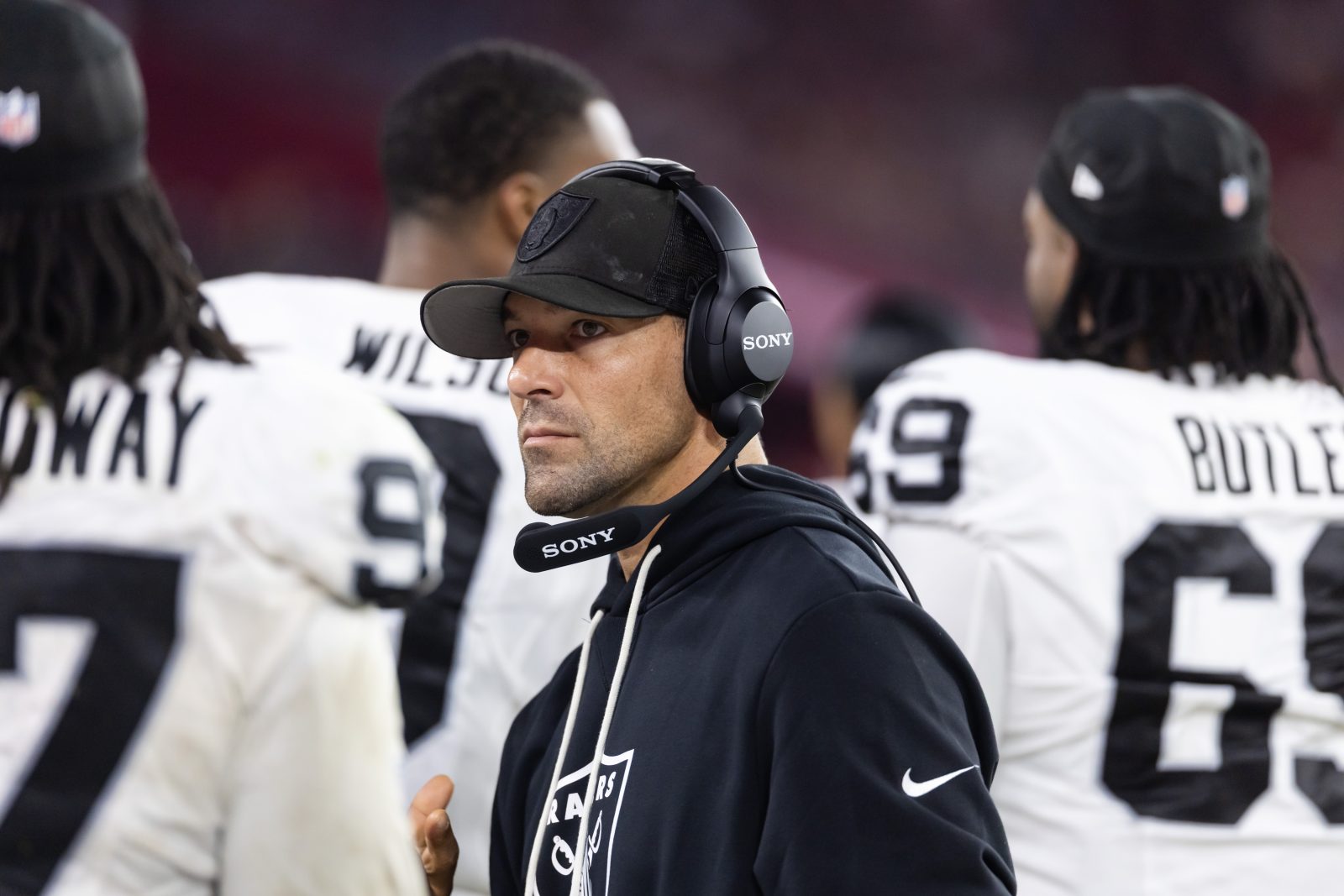 Aug 23, 2025; Glendale, Arizona, USA; Las Vegas Raiders defensive line coach Rob Leonard against the Arizona Cardinals during a preseason NFL game at State Farm Stadium. Mandatory Credit: