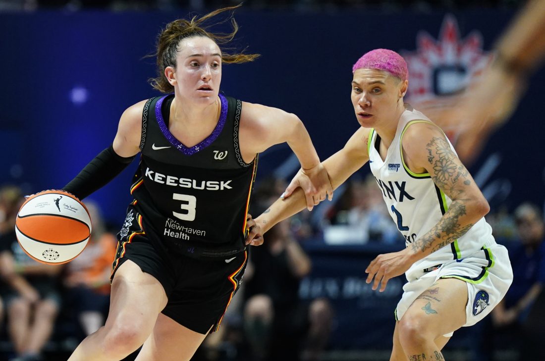 Aug 30, 2025; Uncasville, Connecticut, USA; Connecticut Sun guard Marina Mabrey (3) returns the ball against Minnesota Lynx guard Natisha Hiedeman (2) in the first half at Mohegan Sun Arena. Mandatory Credit: David Butler II-Imagn Images