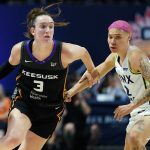 Aug 30, 2025; Uncasville, Connecticut, USA; Connecticut Sun guard Marina Mabrey (3) returns the ball against Minnesota Lynx guard Natisha Hiedeman (2) in the first half at Mohegan Sun Arena. Mandatory Credit: David Butler II-Imagn Images