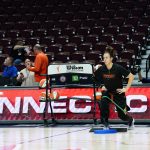 Sep 1, 2025; Uncasville, Connecticut, USA; Connecticut Sun guard Marina Mabrey (3) warms up before the start of the game against the Atlanta Dream at Mohegan Sun Arena.