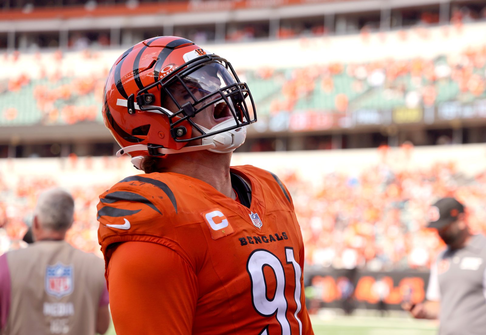 Sep 14, 2025; Cincinnati, Ohio, USA; Cincinnati Bengals defensive end Trey Hendrickson (91) celebrates the win after the game against the Jacksonville Jaguars at Paycor Stadium. Mandatory Credit: