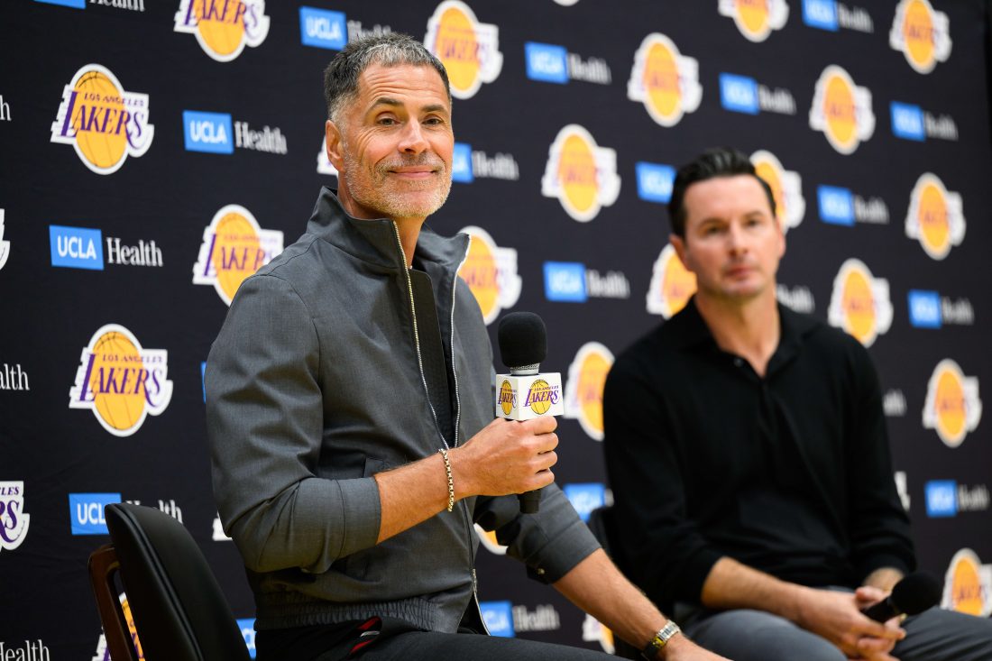 Sep 25, 2025; El Segundo, CA, USA; Los Angeles Lakers general manager Rob Pelinka, left, speaks during a press conference to preview the 2025-26 season at UCLA Health Training Center.