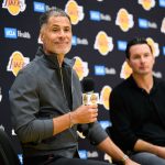 Sep 25, 2025; El Segundo, CA, USA; Los Angeles Lakers general manager Rob Pelinka, left, speaks during a press conference to preview the 2025-26 season at UCLA Health Training Center.