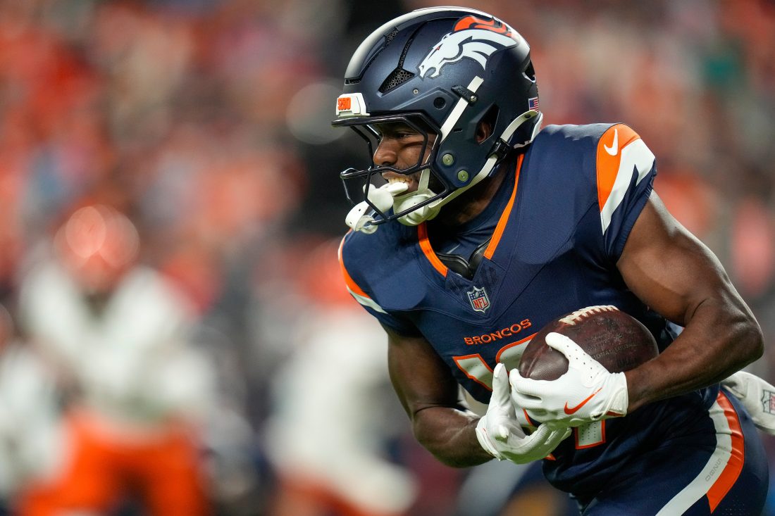 Denver Broncos wide receiver Troy Franklin (11) catches a pass in the second quarter of the NFL Week 4 Monday Night Football game between the Denver Broncos and the Cincinnati Bengals at Empower Field at Mile High in Denver on Monday, Sept. 29, 2025.