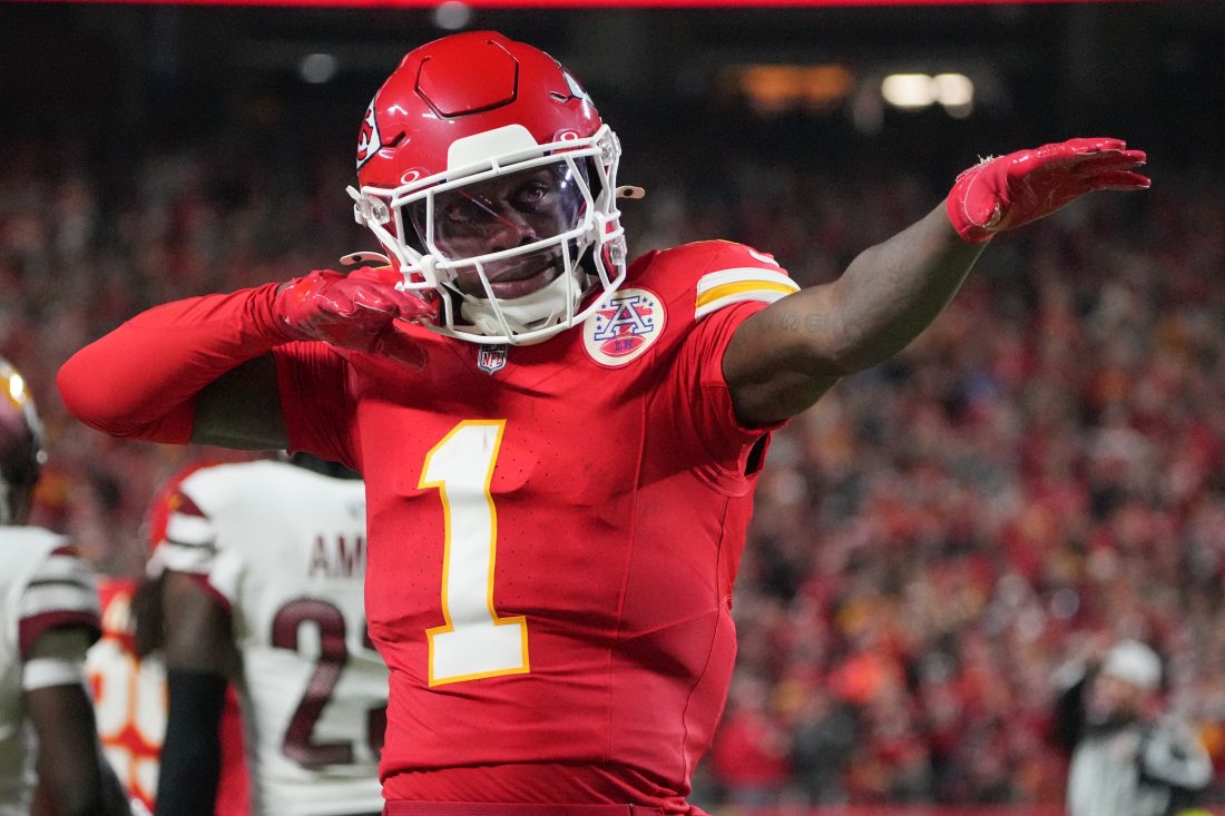 Oct 27, 2025; Kansas City, Missouri, USA; Kansas City Chiefs wide receiver Xavier Worthy (1) celebrates after a play against the Washington Commanders during the first quarter of the game at GEHA Field at Arrowhead Stadium.