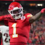 Oct 27, 2025; Kansas City, Missouri, USA; Kansas City Chiefs wide receiver Xavier Worthy (1) celebrates after a play against the Washington Commanders during the first quarter of the game at GEHA Field at Arrowhead Stadium.