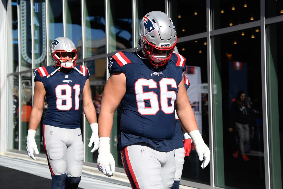 Oct 26, 2025; Foxborough, Massachusetts, USA; New England Patriots offensive tackle Will Campbell (66) walks to the field prior to a game against the Cleveland Browns at Gillette Stadium. Mandatory Credit: Bob DeChiara-Imagn Images