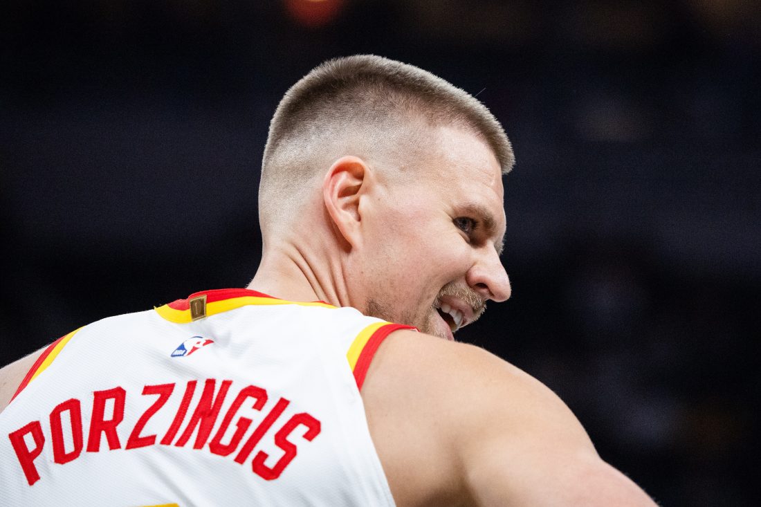 Oct 31, 2025; Indianapolis, Indiana, USA; Atlanta Hawks center Kristaps Porzingis (8) in the first half against the Indiana Pacers at Gainbridge Fieldhouse. Mandatory Credit: Trevor Ruszkowski-Imagn Images
