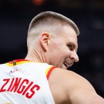 Oct 31, 2025; Indianapolis, Indiana, USA; Atlanta Hawks center Kristaps Porzingis (8) in the first half against the Indiana Pacers at Gainbridge Fieldhouse. Mandatory Credit: Trevor Ruszkowski-Imagn Images