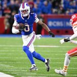 Nov 2, 2025; Orchard Park, New York, USA; Buffalo Bills wide receiver Keon Coleman (0) runs with the ball in the second half against the Kansas City Chiefs at Highmark Stadium.