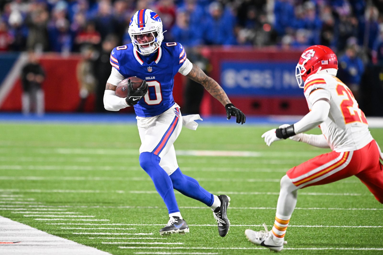 Nov 2, 2025; Orchard Park, New York, USA; Buffalo Bills wide receiver Keon Coleman (0) runs with the ball in the second half against the Kansas City Chiefs at Highmark Stadium.