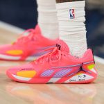 Nov 3, 2025; Inglewood, California, USA; The Nike Air Jordan shoes worn by LA Clippers guard Bradley Beal (0) against the Miami Heat in the first half at Intuit Dome. Mandatory Credit: Kirby Lee-Imagn Images