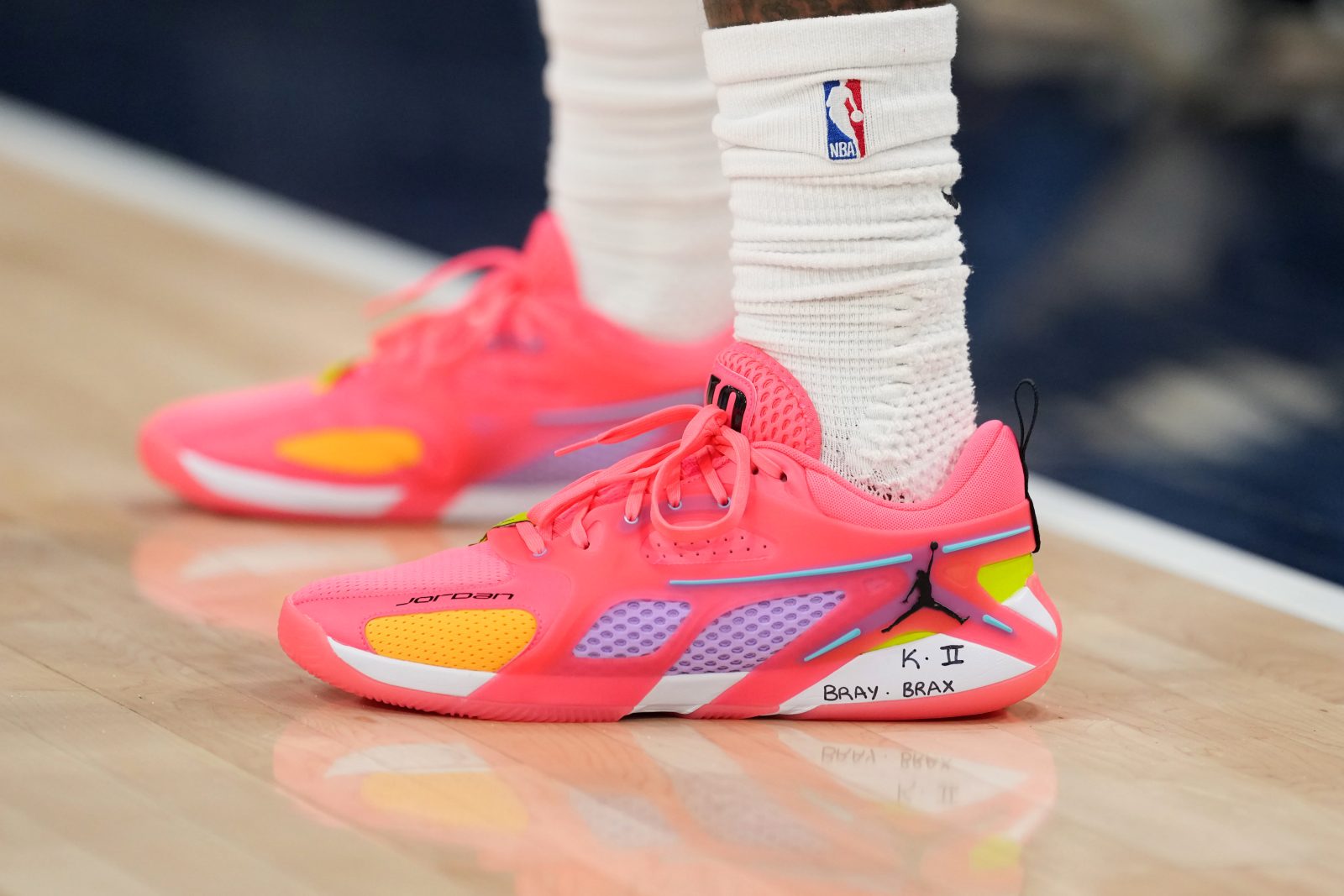 Nov 3, 2025; Inglewood, California, USA; The Nike Air Jordan shoes worn by LA Clippers guard Bradley Beal (0) against the Miami Heat in the first half at Intuit Dome. Mandatory Credit: Kirby Lee-Imagn Images