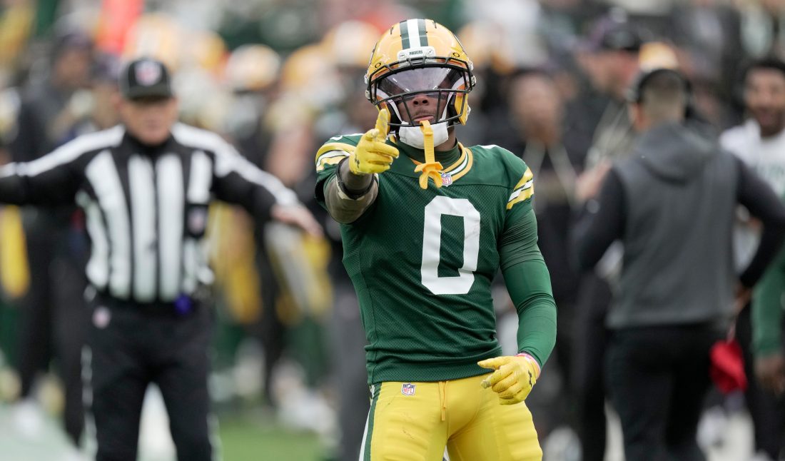 Green Bay Packers wide receiver Matthew Golden (0) reacts after a 35-yard reception during the second quarter of their game against the Cincinnati Bengals Sunday, October 12, 2025 at Lambeau Field in Green Bay, Wisconsin.