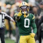 Green Bay Packers wide receiver Matthew Golden (0) reacts after a 35-yard reception during the second quarter of their game against the Cincinnati Bengals Sunday, October 12, 2025 at Lambeau Field in Green Bay, Wisconsin.
