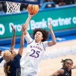 Kansas freshman forward Jaliya Davis (25) shoots under the basket during the game against UMKC inside Allen Fieldhouse on Nov. 5, 2025.
