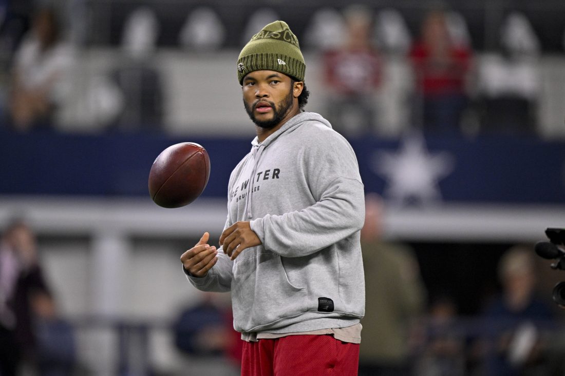 Nov 3, 2025; Arlington, Texas, USA; Arizona Cardinals quarterback Kyler Murray (1) looks on from the field before the game between the Dallas Cowboys and the Arizona Cardinals at AT&T Stadium.