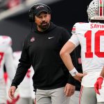 Ohio State Buckeyes head coach Ryan Day talks to quarterback Julian Sayin (10) during the NCAA football game against the Purdue Boilermakers at Ross-Ade Stadium in West Lafayette, Ind. on Nov. 8, 2025. Ohio State won 34-10.