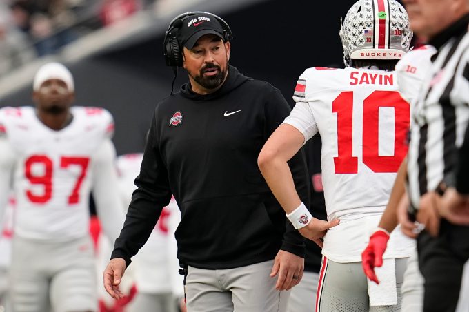 Ohio State Buckeyes head coach Ryan Day talks to quarterback Julian Sayin (10) during the NCAA football game against the Purdue Boilermakers at Ross-Ade Stadium in West Lafayette, Ind. on Nov. 8, 2025. Ohio State won 34-10.