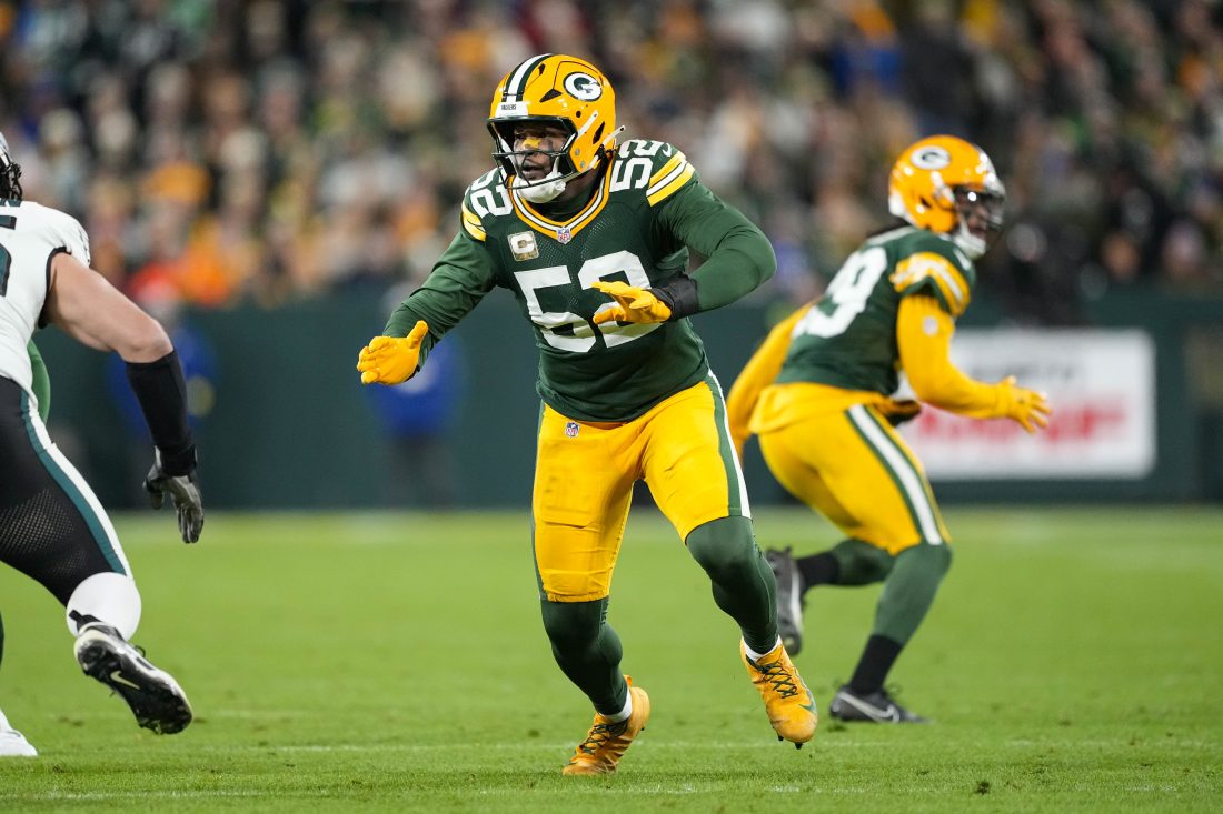 Nov 10, 2025; Green Bay, Wisconsin, USA; Green Bay Packers defensive lineman Rashan Gary (52) during the game against the Philadelphia Eagles at Lambeau Field. Mandatory Credit: Jeff Hanisch-Imagn Images