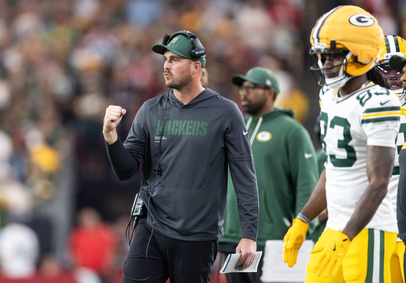 Oct 19, 2025; Glendale, Arizona, USA; Green Bay Packers quarterbacks coach Sean Mannion against the Arizona Cardinals at State Farm Stadium.