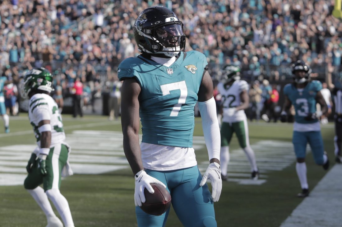 Dec 14, 2025; Jacksonville, Florida, USA; Jacksonville Jaguars wide receiver Brian Thomas Jr. (7) reacts after scoring a touchdown in the first quarter against the New York Jets at EverBank Stadium.