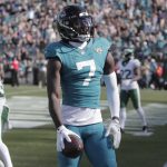 Dec 14, 2025; Jacksonville, Florida, USA; Jacksonville Jaguars wide receiver Brian Thomas Jr. (7) reacts after scoring a touchdown in the first quarter against the New York Jets at EverBank Stadium.