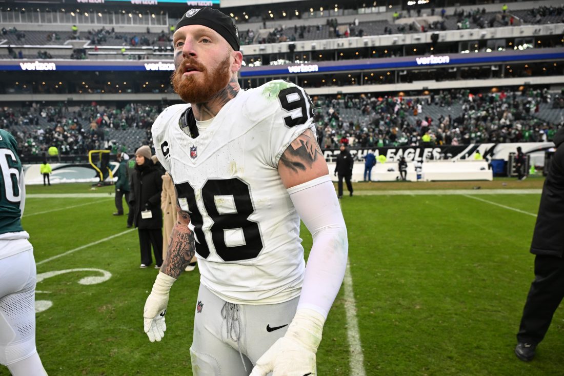 Dec 14, 2025; Philadelphia, Pennsylvania, USA; Las Vegas Raiders defensive end Maxx Crosby (98) on the field after loss to the Philadelphia Eagles at Lincoln Financial Field.