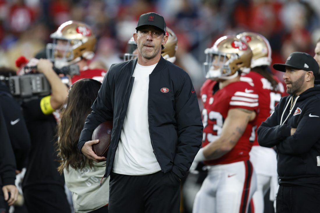 Dec 28, 2025; Santa Clara, California, USA; San Francisco 49ers head coach Kyle Shanahan looks on before the game against the Chicago Bears at Levi's Stadium.