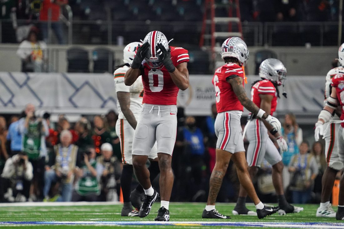 Dec 31, 2025; Arlington, TX, USA; Ohio State Buckeyes linebacker Sonny Styles (0) reacts in the in the second quarter against the Miami Hurricanes during the 2025 Cotton Bowl and quarterfinal game of the College Football Playoff at AT&T Stadium. Mandatory Credit: Raymond Carlin III-Imagn Images