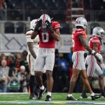 Dec 31, 2025; Arlington, TX, USA; Ohio State Buckeyes linebacker Sonny Styles (0) reacts in the in the second quarter against the Miami Hurricanes during the 2025 Cotton Bowl and quarterfinal game of the College Football Playoff at AT&T Stadium. Mandatory Credit: Raymond Carlin III-Imagn Images