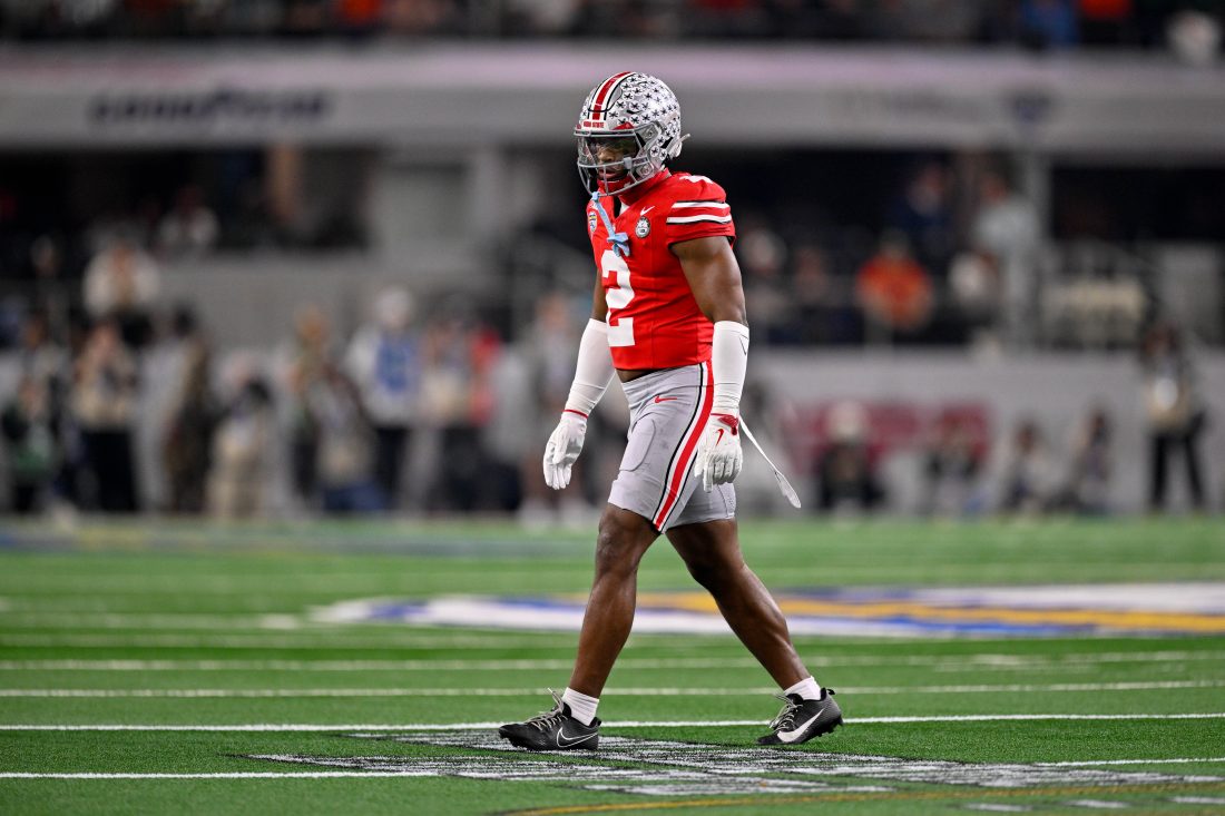 Dec 31, 2025; Arlington, TX, USA; Ohio State Buckeyes safety Caleb Downs (2) gets into position during the 2025 Cotton Bowl and quarterfinal game of the College Football Playoff at AT&T Stadium.