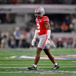 Dec 31, 2025; Arlington, TX, USA; Ohio State Buckeyes safety Caleb Downs (2) gets into position during the 2025 Cotton Bowl and quarterfinal game of the College Football Playoff at AT&T Stadium.