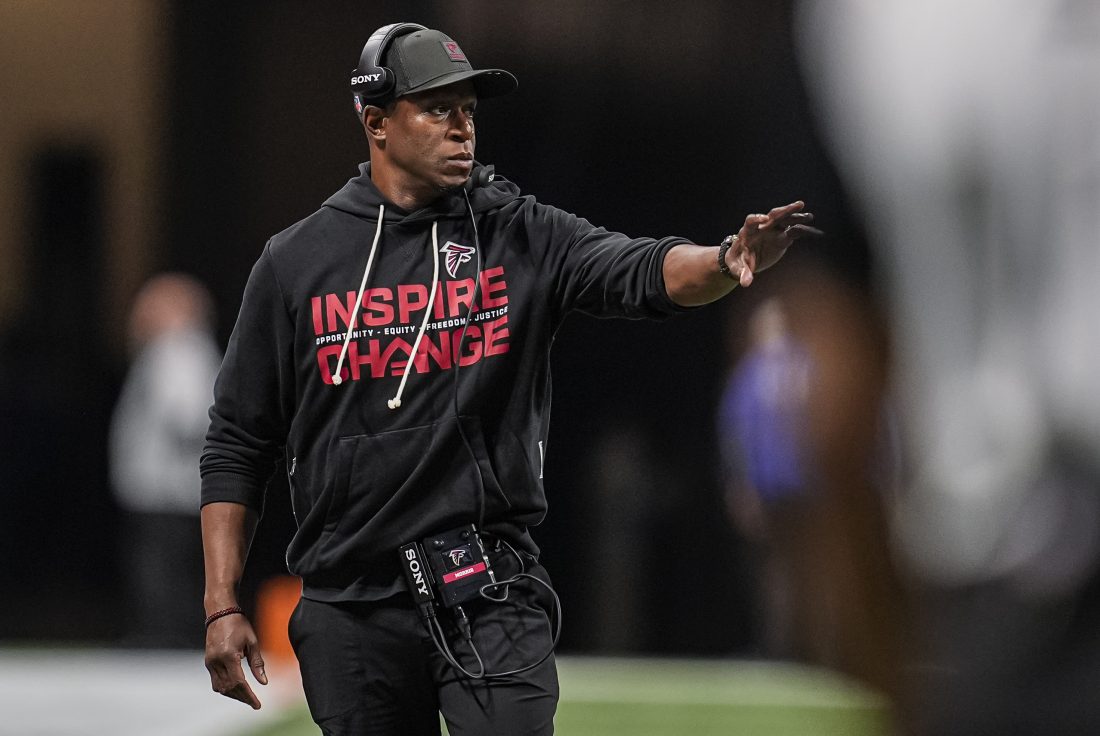 Jan 4, 2026; Atlanta, Georgia, USA; Atlanta Falcons head coach Raheem Morris on the sideline during the game against the New Orleans Saints during the second half at Mercedes-Benz Stadium. Mandatory Credit: Dale Zanine-Imagn Images