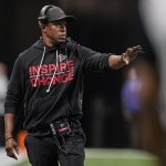 Jan 4, 2026; Atlanta, Georgia, USA; Atlanta Falcons head coach Raheem Morris on the sideline during the game against the New Orleans Saints during the second half at Mercedes-Benz Stadium. Mandatory Credit: Dale Zanine-Imagn Images