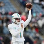 Jan 4, 2026; Foxborough, Massachusetts, USA; Miami Dolphins quarterback Tua Tagovailoa (1) throws a pass before the game against the New England Patriots at Gillette Stadium. Mandatory Credit: Brian Fluharty-Imagn Images