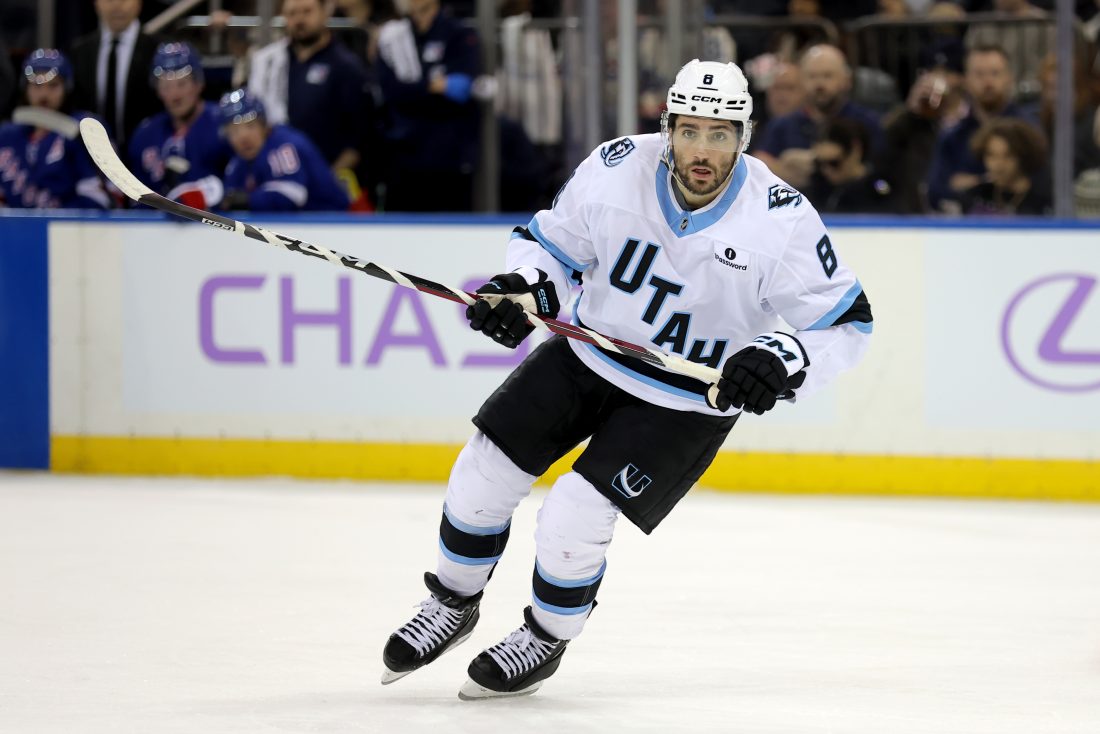 Jan 5, 2026; New York, New York, USA; Utah Mammoth center Nick Schmaltz (8) skates against the New York Rangers during the second period at Madison Square Garden. Mandatory Credit: Brad Penner-Imagn Images