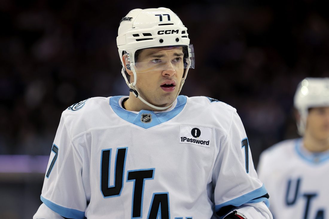 Jan 5, 2026; New York, New York, USA; Utah Mammoth right wing JJ Peterka (77) during the first period against the New York Rangers at Madison Square Garden. Mandatory Credit: Brad Penner-Imagn Images