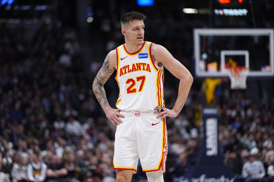 Jan 9, 2026; Denver, Colorado, USA; Atlanta Hawks guard Vit Krejci (27) looks on during the second quarter against the Denver Nuggets at Ball Arena. Mandatory Credit: Ron Chenoy-Imagn Images