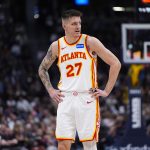 Jan 9, 2026; Denver, Colorado, USA; Atlanta Hawks guard Vit Krejci (27) looks on during the second quarter against the Denver Nuggets at Ball Arena. Mandatory Credit: Ron Chenoy-Imagn Images