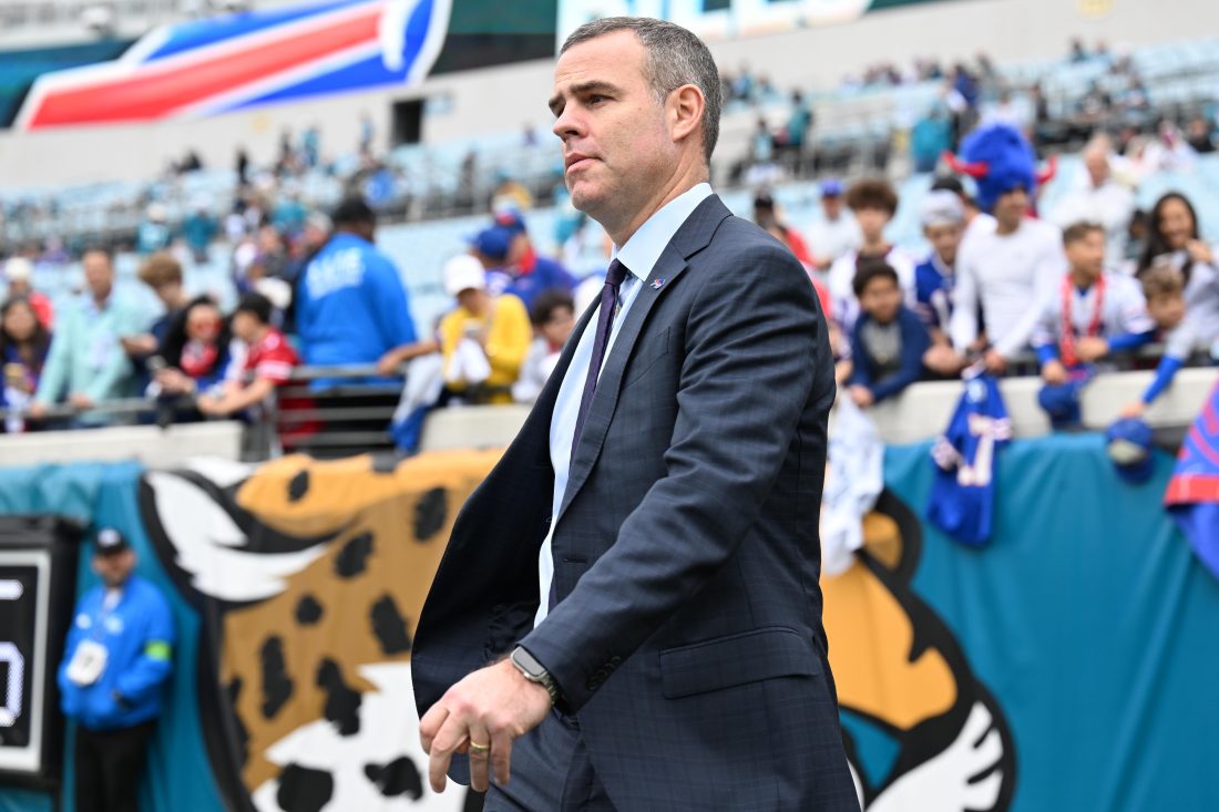 Jan 11, 2026; Jacksonville, FL, USA; Buffalo Bills general manager Brandon Beane before an an AFC Wild Card Round game against the Jacksonville Jaguars at EverBank Stadium. Mandatory Credit: