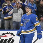 Jan 16, 2026; St. Louis, Missouri, USA; St. Louis Blues right wing Jordan Kyrou (25) looks on during overtime against the Tampa Bay Lightning at Enterprise Center. Mandatory Credit: Jeff Le-Imagn Images