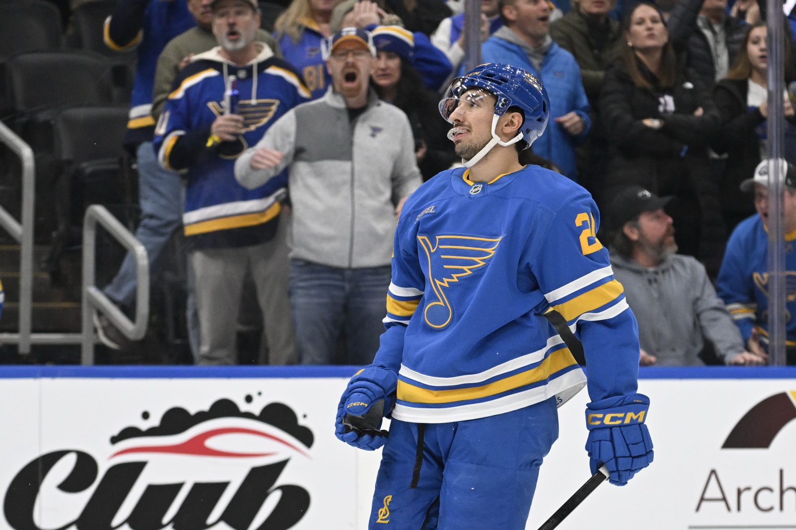 Jan 16, 2026; St. Louis, Missouri, USA; St. Louis Blues right wing Jordan Kyrou (25) looks on during overtime against the Tampa Bay Lightning at Enterprise Center. Mandatory Credit: Jeff Le-Imagn Images
