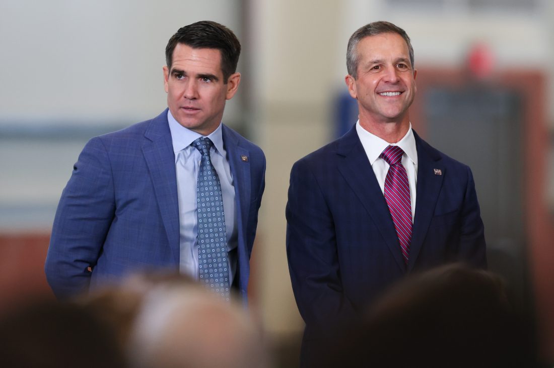 Jan 20, 2026; East Rutherford, NJ, USA; New York Giants general manager Joe Schoen and John Harbaugh before the press conference announcing Harbaughs hiring as the next New York Giants head coach at Quest Diagnostics Training Center.
