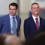 Jan 20, 2026; East Rutherford, NJ, USA; New York Giants general manager Joe Schoen and John Harbaugh before the press conference announcing Harbaughs hiring as the next New York Giants head coach at Quest Diagnostics Training Center.