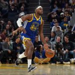 Jan 13, 2026; San Francisco, California, USA; Golden State Warriors guard Buddy Hield (7) dribbles upcourt against the Portland Trail Blazers in the fourth quarter at Chase Center. Mandatory Credit: David Gonzales-Imagn Images