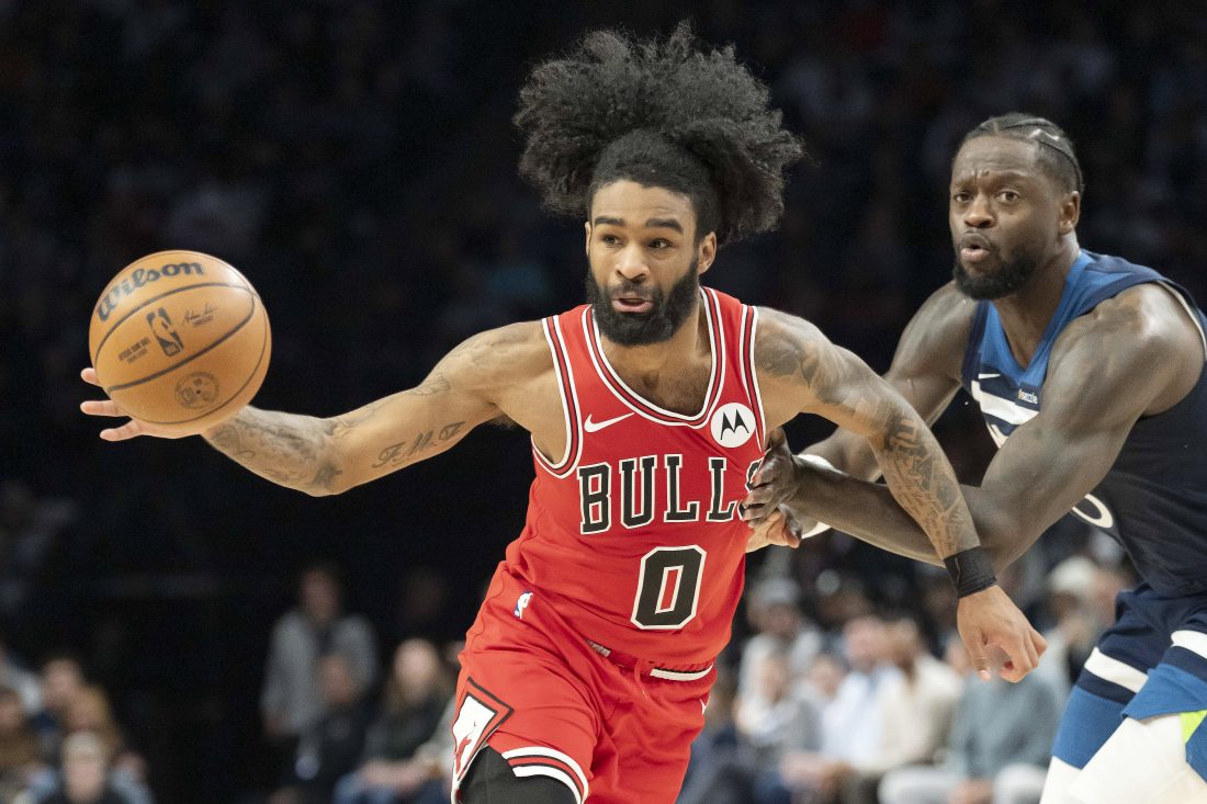 Jan 22, 2026; Minneapolis, Minnesota, USA; Chicago Bulls guard Coby White (0) dribbles the ball against the Minnesota Timberwolves in the second half at Target Center. Mandatory Credit: Jesse Johnson-Imagn Images