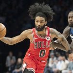 Jan 22, 2026; Minneapolis, Minnesota, USA; Chicago Bulls guard Coby White (0) dribbles the ball against the Minnesota Timberwolves in the second half at Target Center. Mandatory Credit: Jesse Johnson-Imagn Images