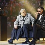 Jan 24, 2026; Chicago, Illinois, USA; Derrick Rose cries during his jersey retirement ceremony after an NBA game between the Chicago Bulls and Boston Celtics at United Center. Mandatory Credit: Kamil Krzaczynski-Imagn Images